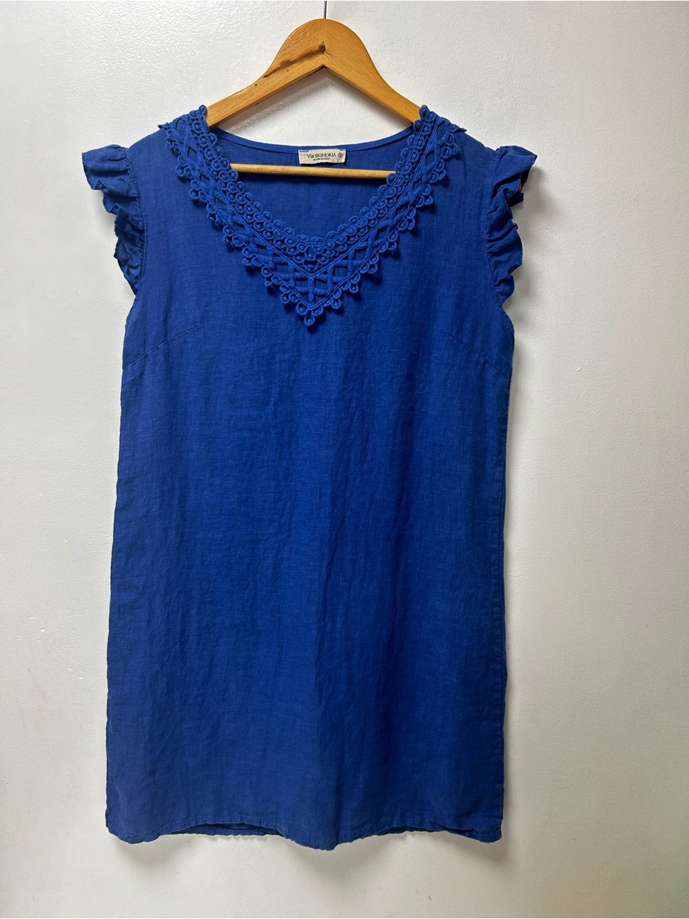 Via Signoria Blue 100% Linen Dress Size S V-Neck Crochet Lace Trim Made in Italy